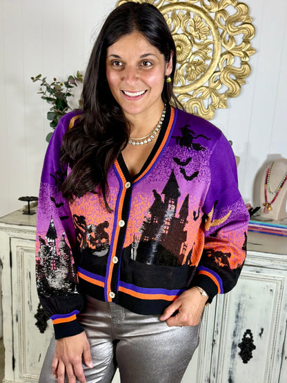 Queen of Sparkles Purple Halloween Scene Cardigan