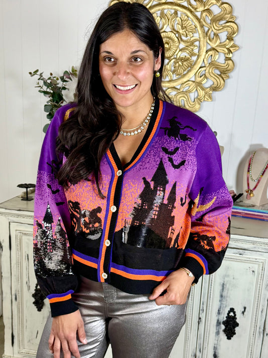 Queen of Sparkles Purple Halloween Scene Cardigan