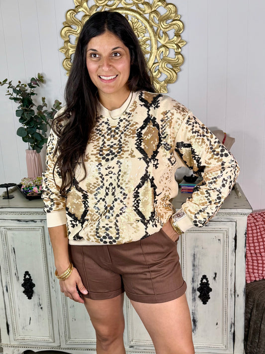 Queen of Sparkles Full Sequins Neutral and Black Python Sweatshirt
