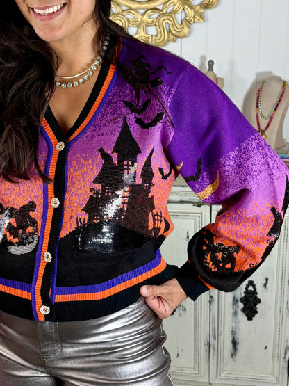 Queen of Sparkles Purple Halloween Scene Cardigan