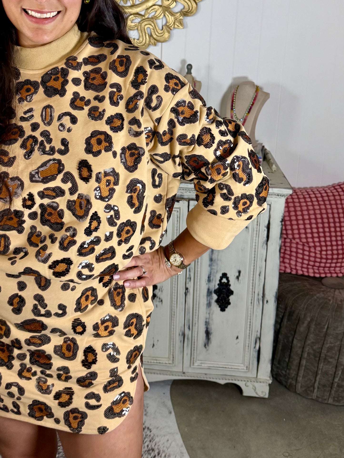 Queen of Sparkles Tan Brown and Black Leopard Dress