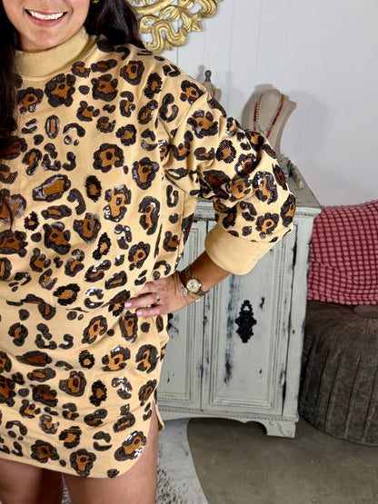 Queen of Sparkles Tan Brown and Black Leopard Dress