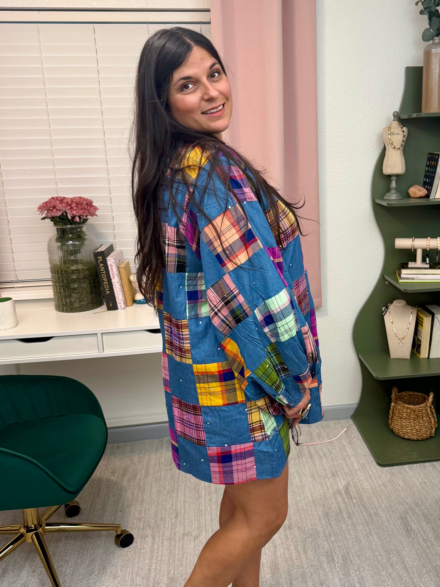 Queen of Sparkles Denim & Multi Plaid Checkered Bubble Sleeve Dress