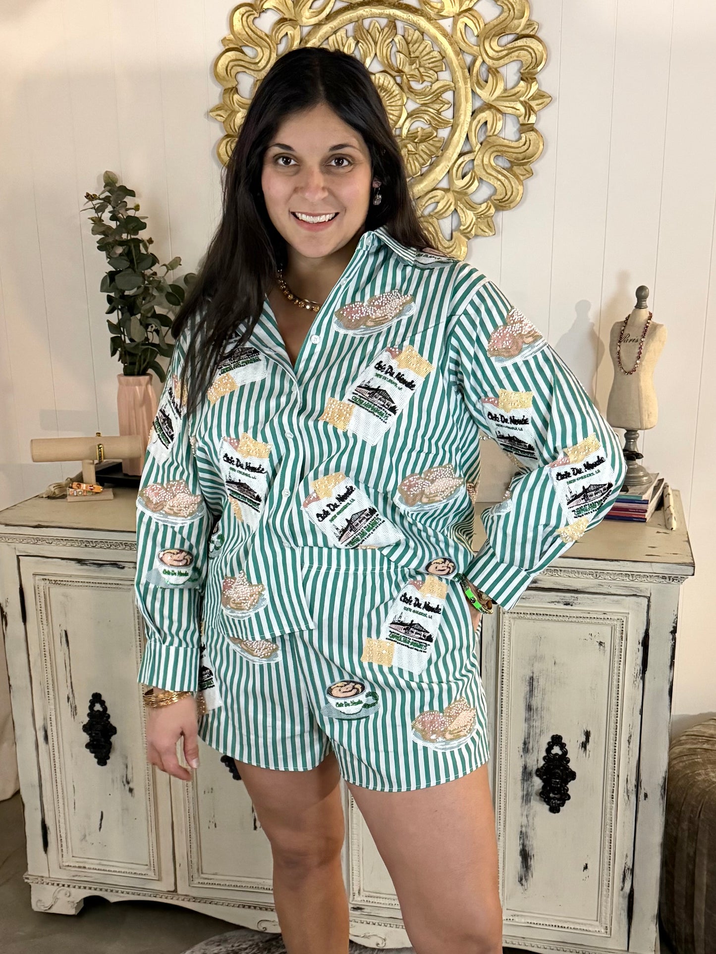 Queen of Sparkles Green & White Stripe Cafe Du Monde Top