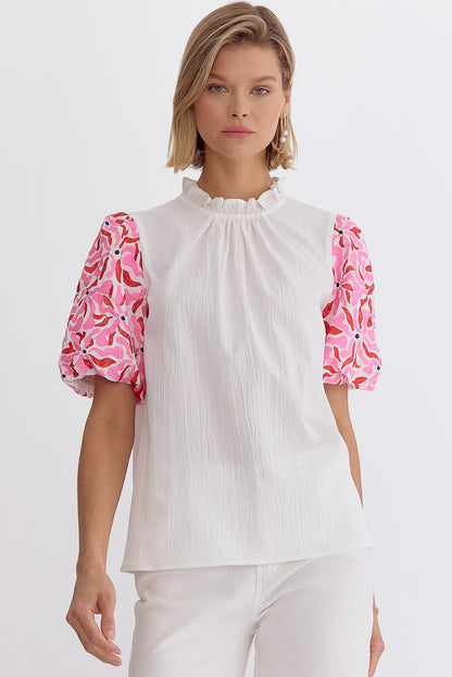 Mock Neck Embroidered Sleeve Top