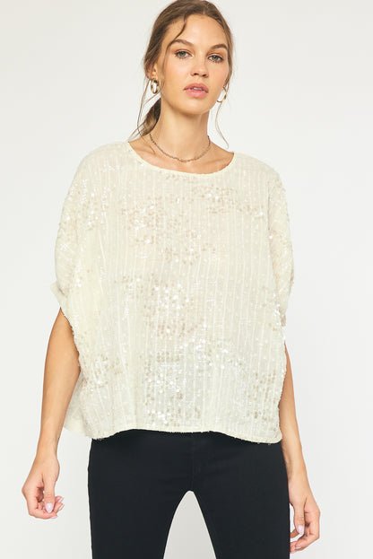 Cream Sequin Short Sleeve Round Neck Top