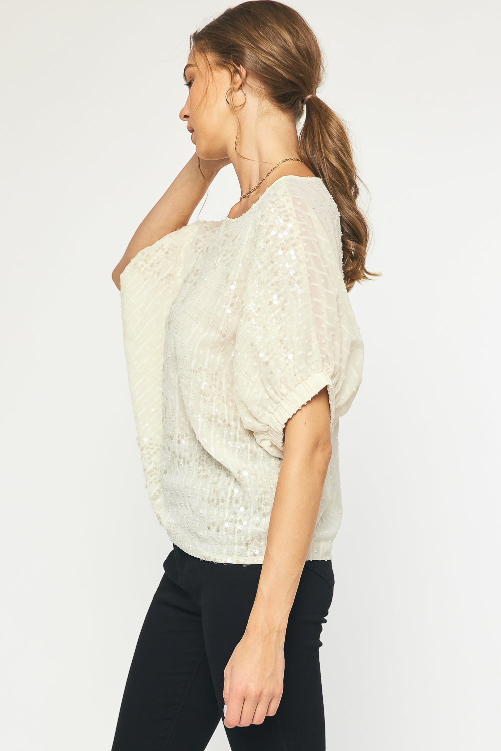 Cream Sequin Short Sleeve Round Neck Top