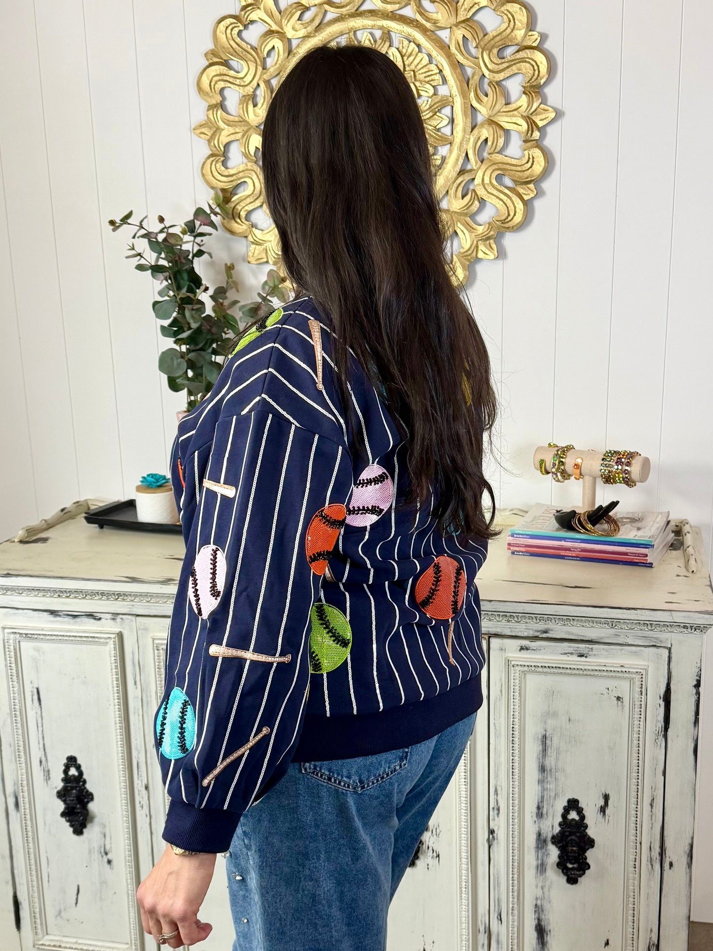 Queen of Sparkles Striped Multi Baseball & Bat Sweatshirt