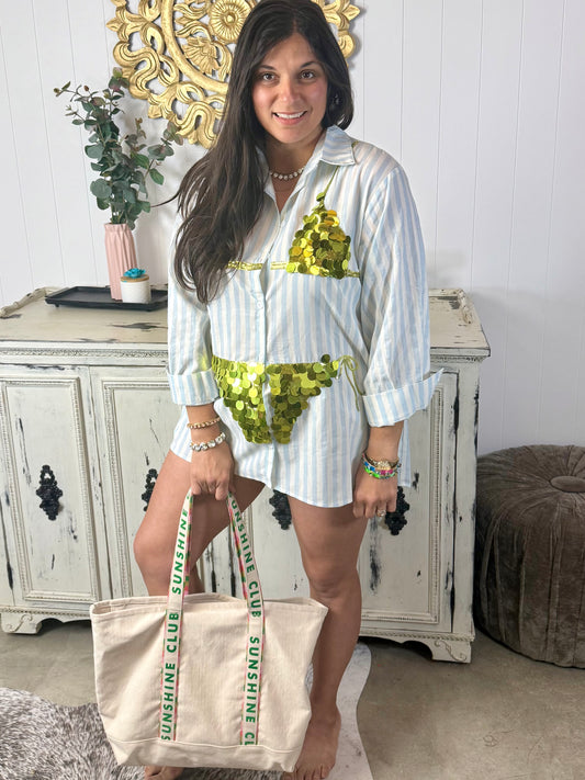 Queen of Sparkles Blue & White Stripe Cotton Button Up With Gold Bikini Tunic
