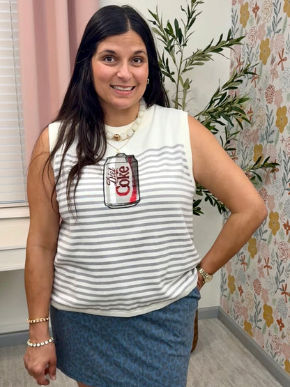 Queen of Sparkles Licensed White & Grey Striped Diet Coke Can Knit Tank