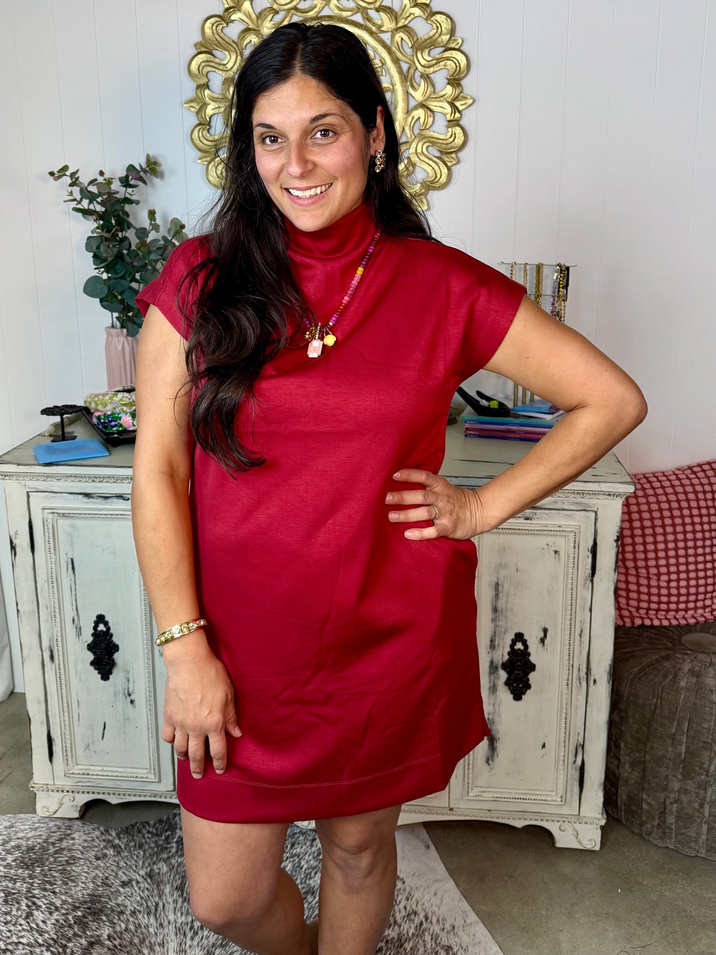 Brick Solid Jersey Mock Neck Pullover Dress