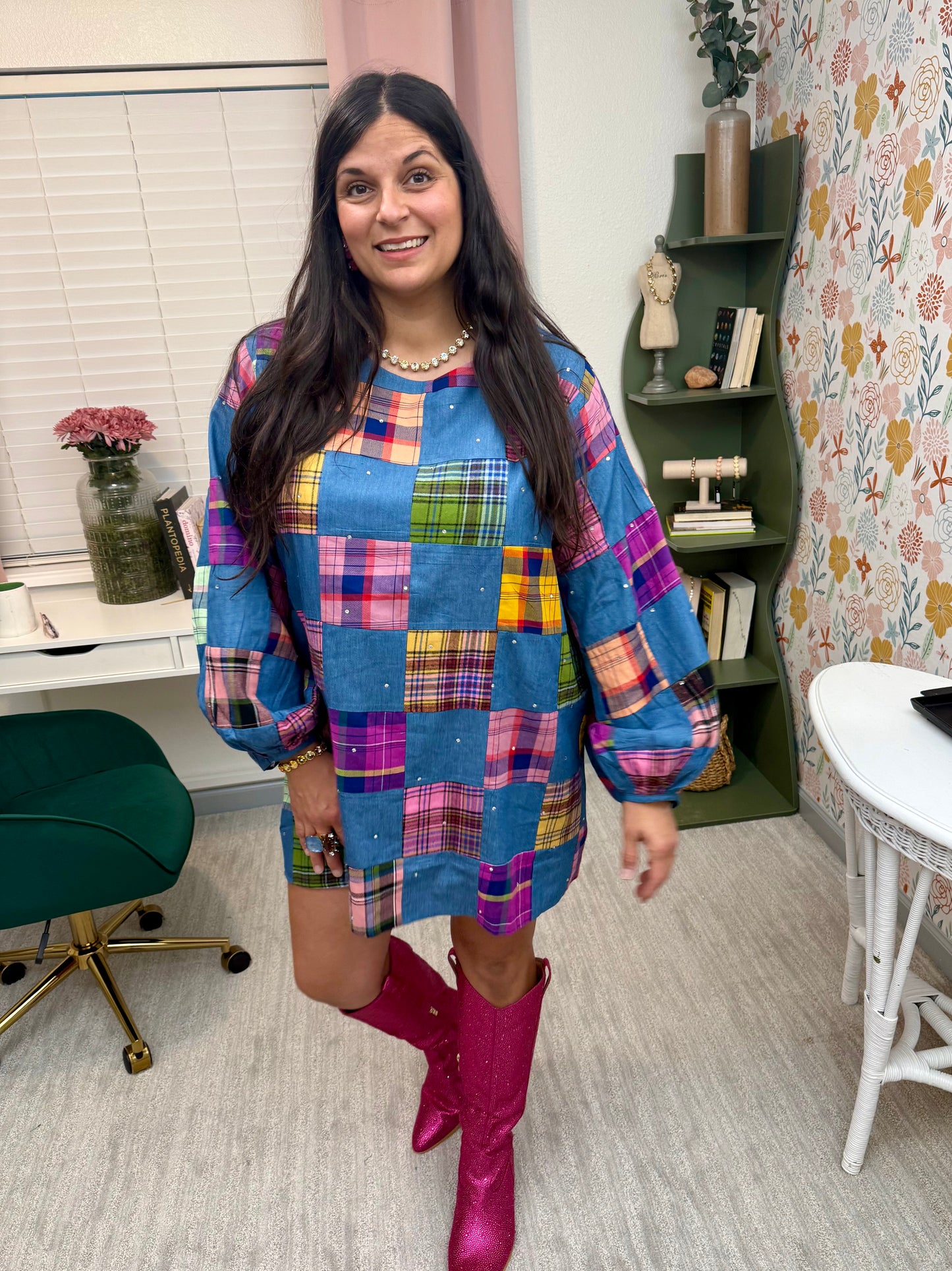 Queen of Sparkles Denim & Multi Plaid Checkered Bubble Sleeve Dress