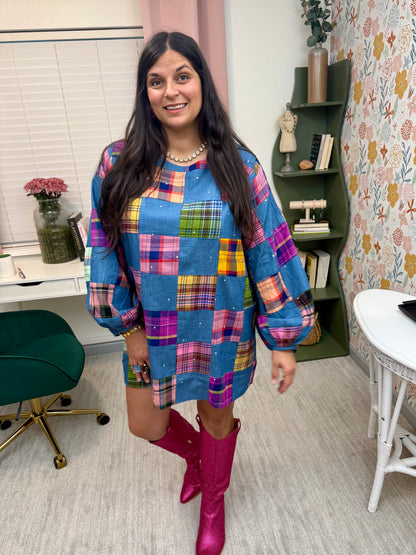 Queen of Sparkles Denim & Multi Plaid Checkered Bubble Sleeve Dress