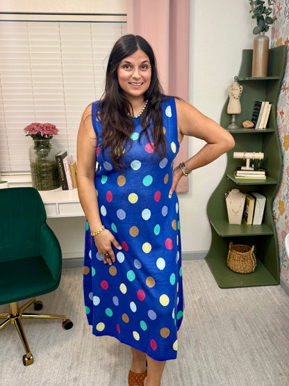 Queen of Sparkles Royal Multi Polka Dot Knit Midi Dress