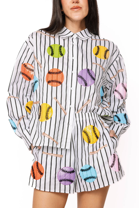 Queen of Sparkles Black & White Multi Baseballs & Bats Button Up Cotton Long Sleeve Top