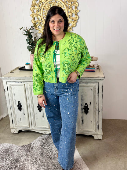 Queen of Sparkles Green Groovy Shamrock Sweater