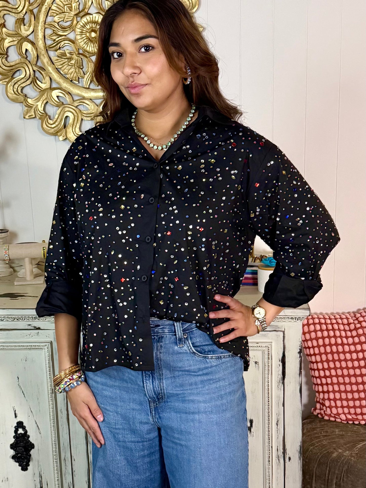 Queen of Sparkles Black Multi Gemstone Shirt