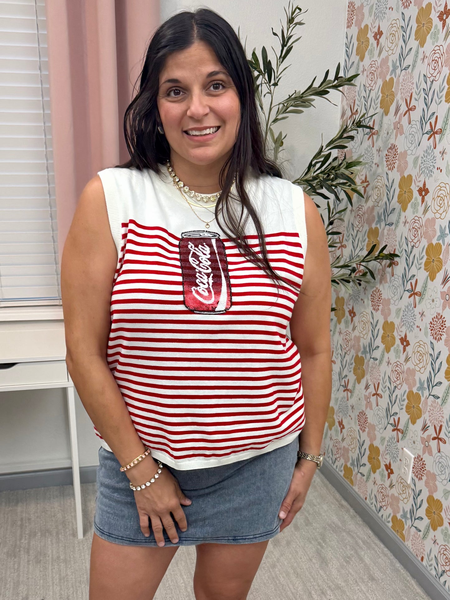 Queen of Sparkles Licensed White & Red Striped Coca Cola Can Knit Tank