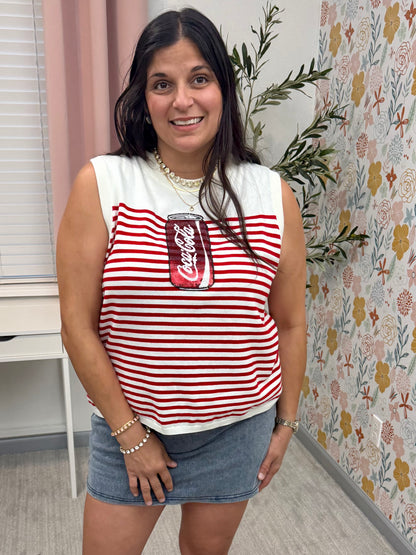 Queen of Sparkles Licensed White & Red Striped Coca Cola Can Knit Tank