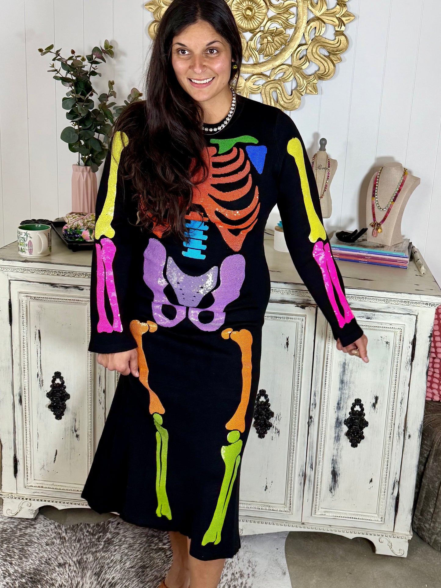Queen of Sparkles Black Multi Skeleton Knit Midi Dress