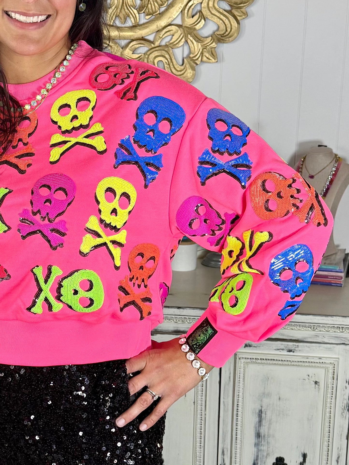 Queen of Sparkles Neon Pink Skull and Crossbone Sweatshirt