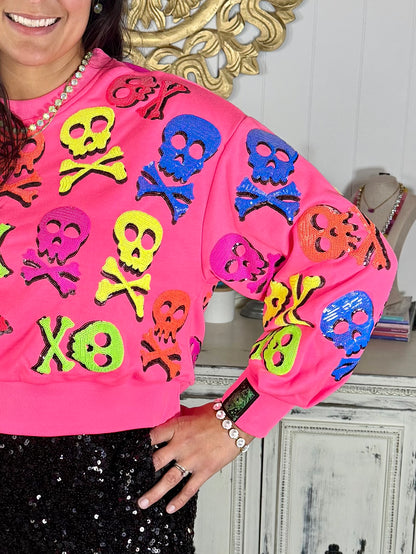 Queen of Sparkles Neon Pink Skull and Crossbone Sweatshirt