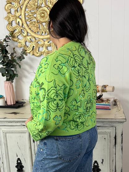 Queen of Sparkles Green Groovy Shamrock Sweater