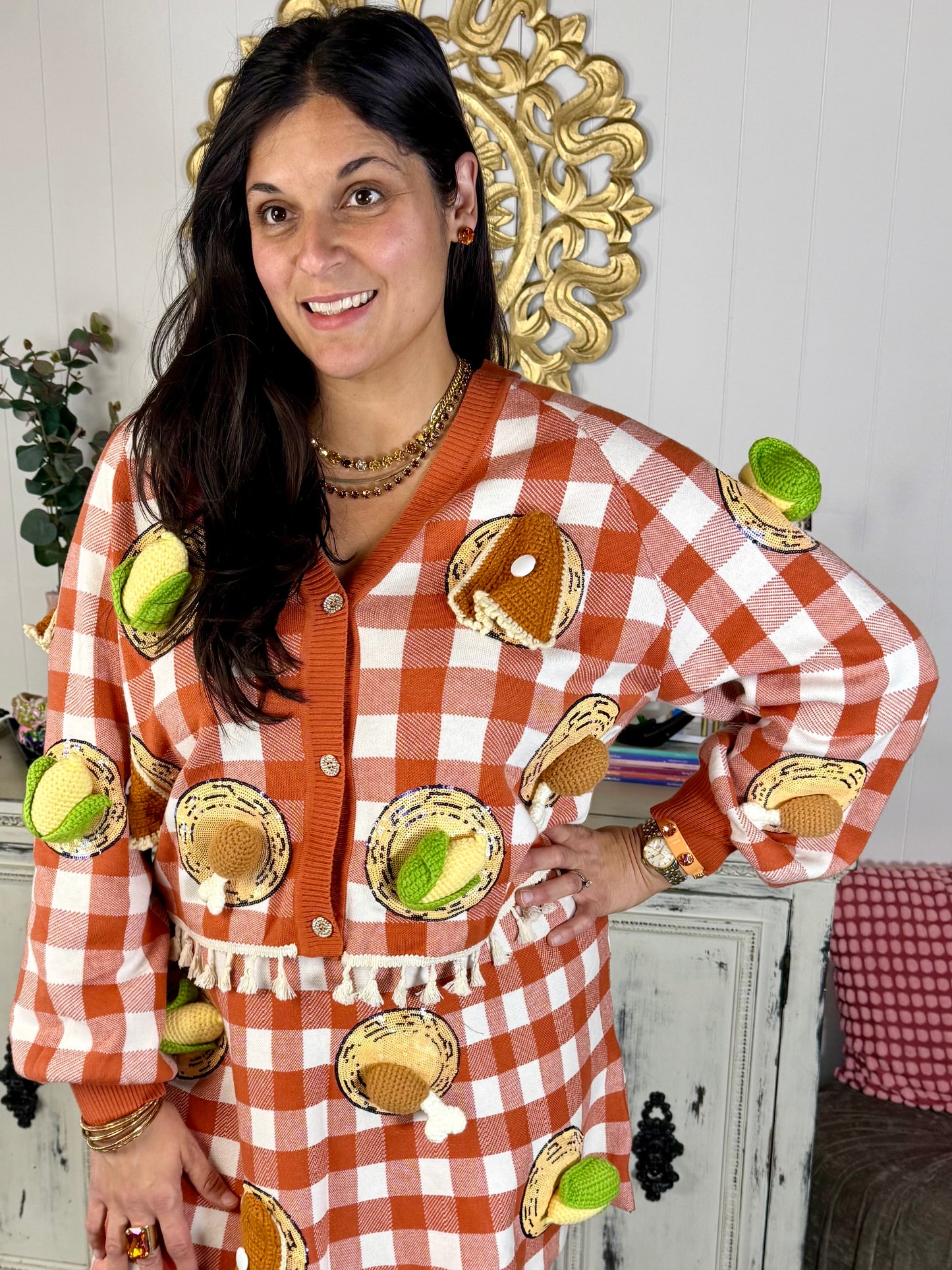 Queen of Sparkles Orange Checkered Thanksgiving Food Cardigan