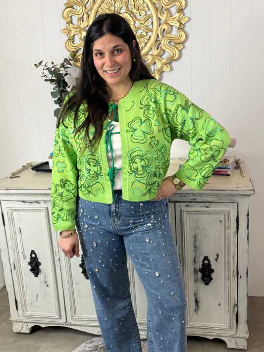 Queen of Sparkles Green Groovy Shamrock Sweater