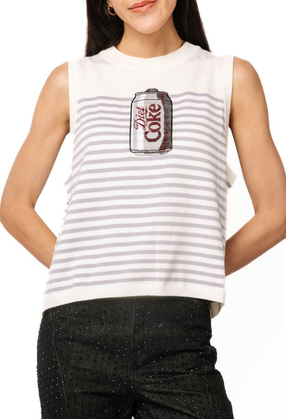 Queen of Sparkles Licensed White & Grey Striped Diet Coke Can Knit Tank