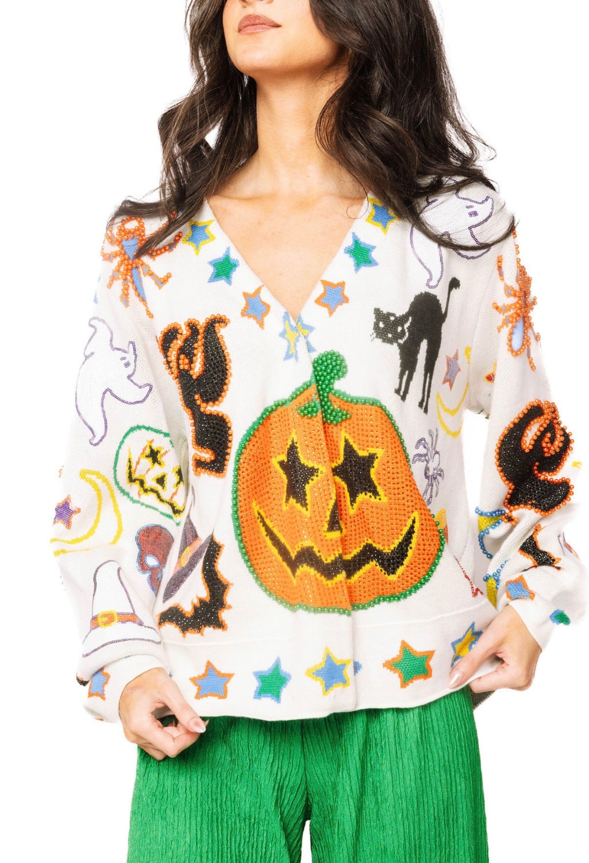 Queen of Sparkles Ivory Halloween Icon Button Up Cardigan