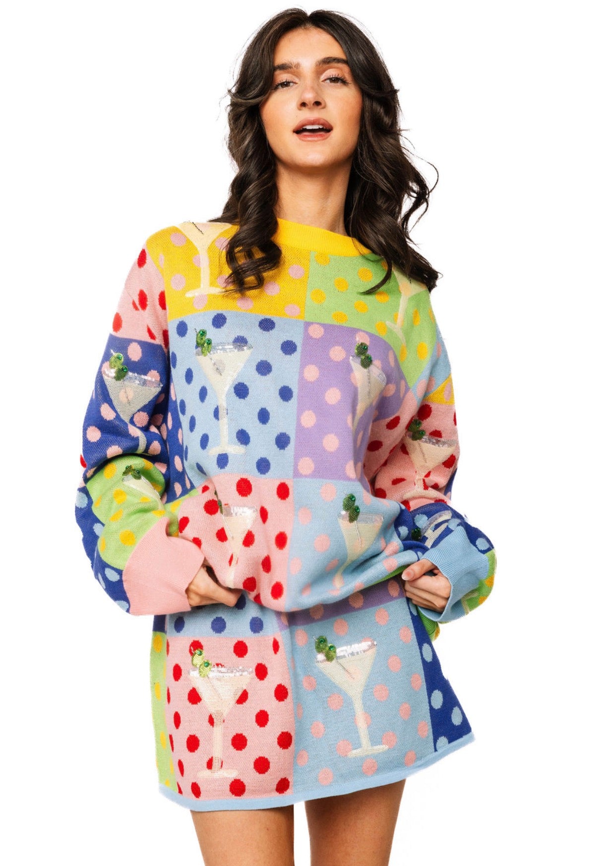 Queen of Sparkles Polka Dot Colorblock Martini Sweater