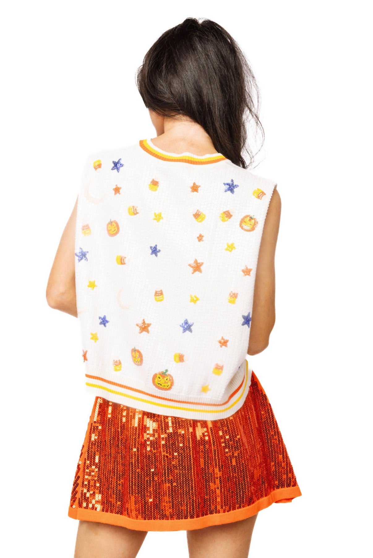 Queen of Sparkles White Full Sequin Pumpkin & Small Icon Vest
