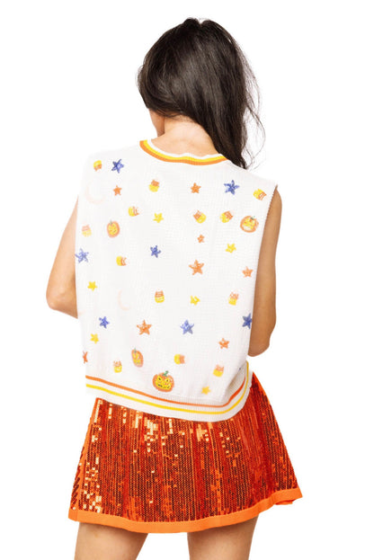 Queen of Sparkles White Full Sequin Pumpkin & Small Icon Vest