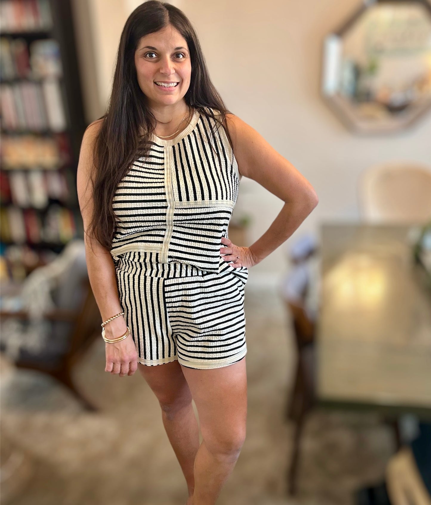 Black and Cream Striped Sleeveless Top