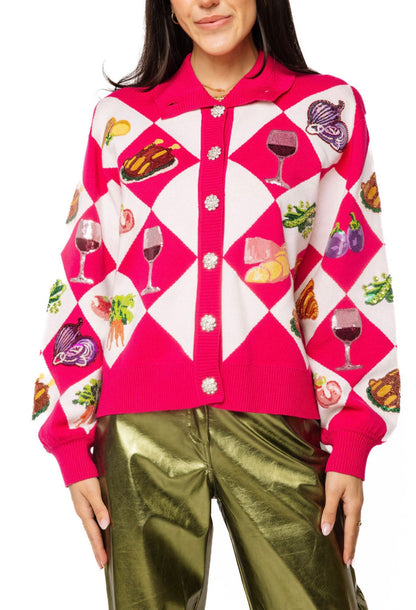 Queen of Sparkles Pink Diamond Print Thanksgiving Dinner Button Up Sweater