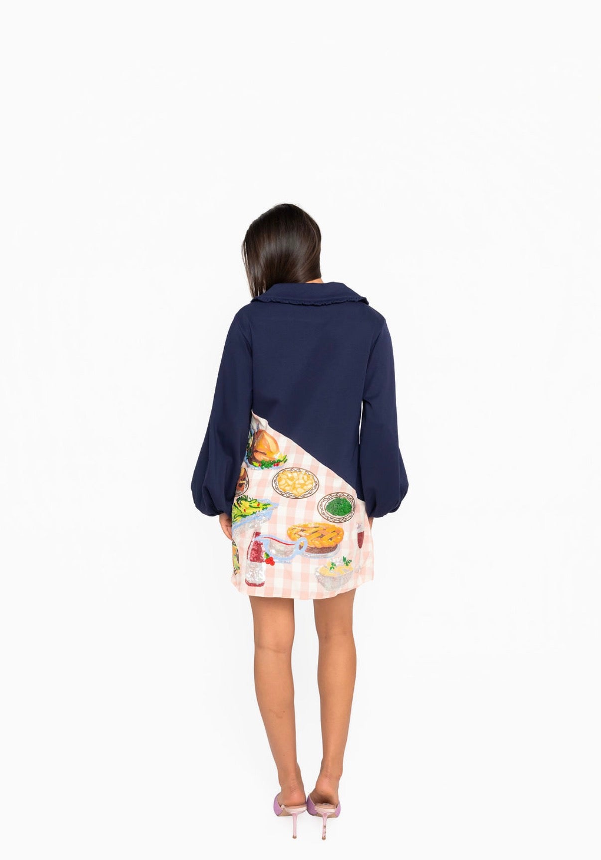 Queen of Sparkles Navy & Pink Gingham Colorblock Thanksgiving Meal Collar Dress