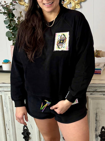 Queen of Sparkles Black QOS Card Rhinestone Tie Sweatshirt