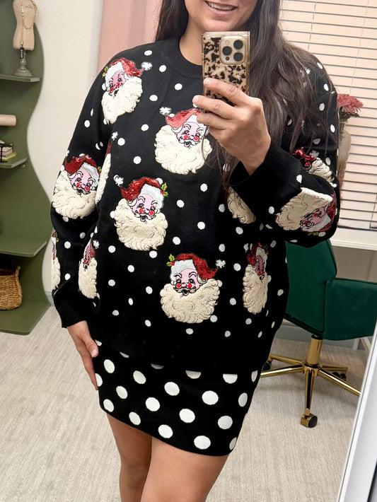 Queen of Sparkles Black & White Polka Dot Santa Head Sweater