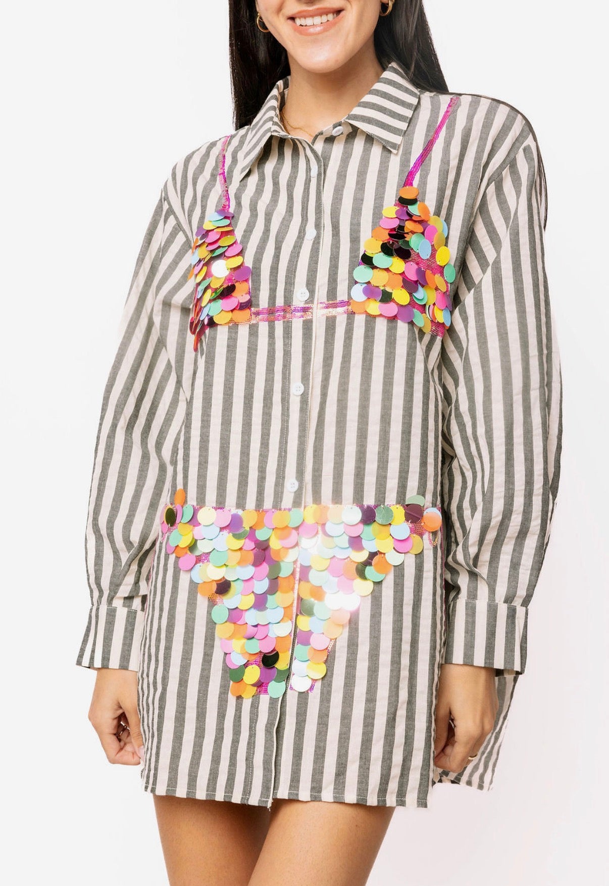 Queen of Sparkles Black & White Stripe Cotton Button Up With Rainbow Bikini Tunic