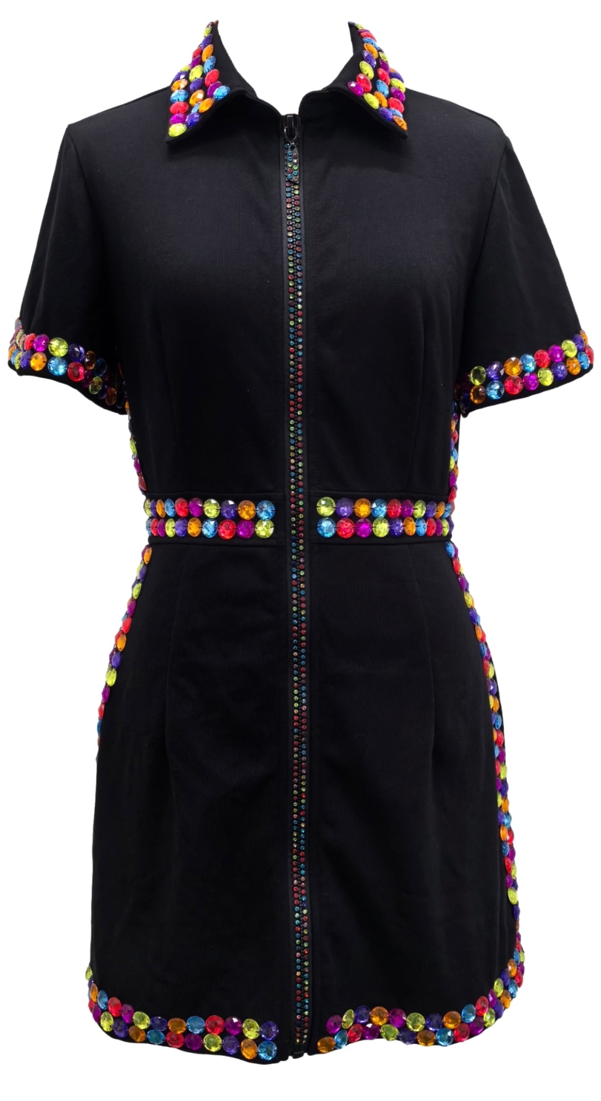 Queen of Sparkles Black and Rainbow Jewel Zip Up Dress