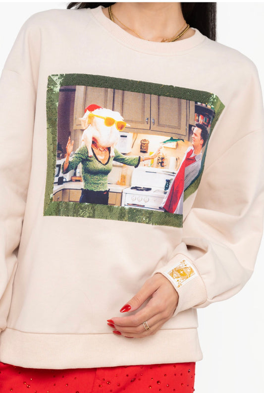 Queen of Sparkles Licensed Beige Monica Turkey Head Sweatshirt