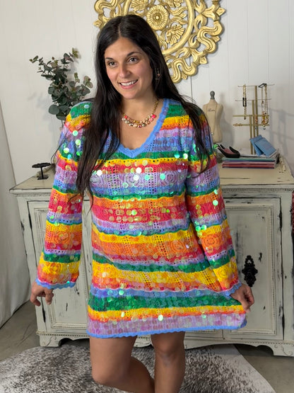 Queen of Sparkles Rainbow Paillette Long Sleeve Knit Dress