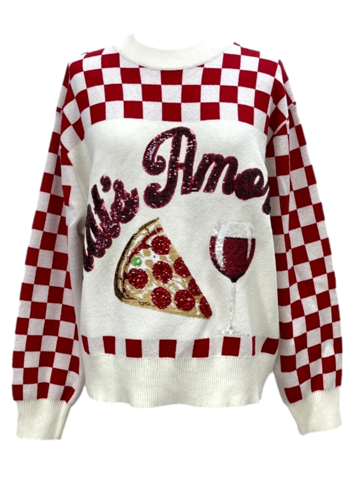 Queen of Sparkles Red & White Checkered Pizza & Wine Sweater