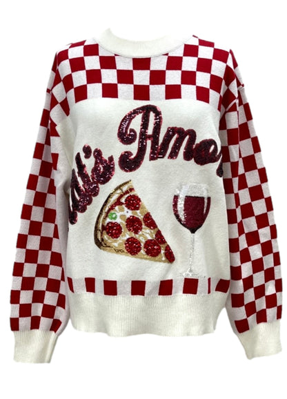Queen of Sparkles Red & White Checkered Pizza & Wine Sweater