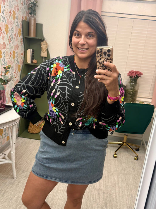 Queen of Sparkles Lavender Black Multi Spider Cardigan