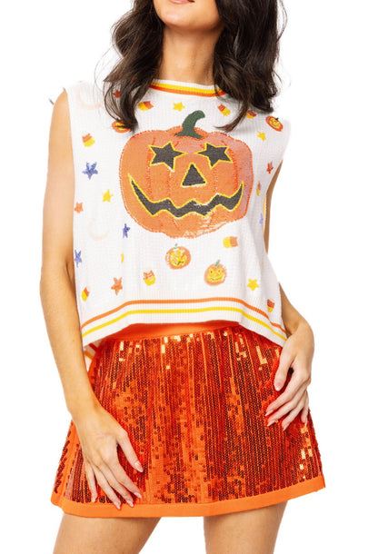 Queen of Sparkles White Full Sequin Pumpkin & Small Icon Vest