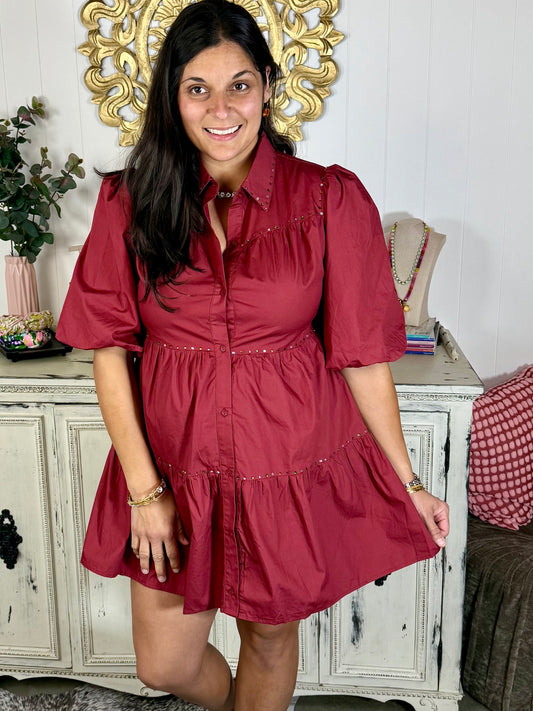 Marsala Puff Sleeve Tiered Shirt Dress