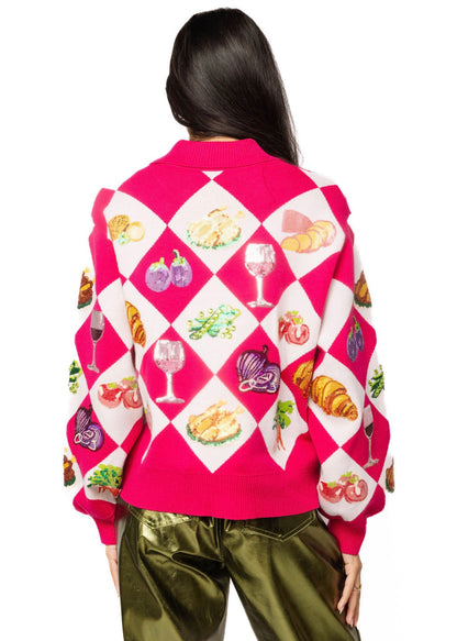 Queen of Sparkles Pink Diamond Print Thanksgiving Dinner Button Up Sweater