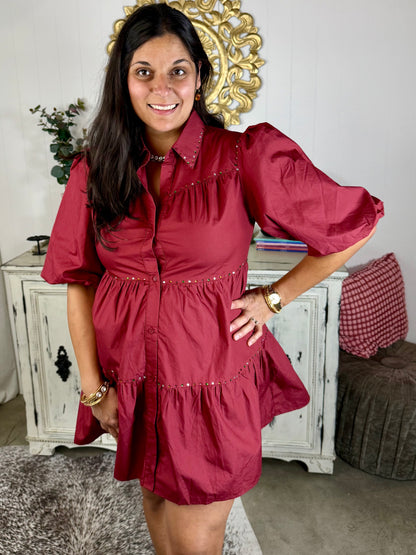 Marsala Puff Sleeve Tiered Shirt Dress